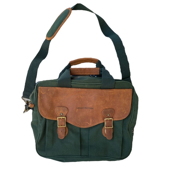 Vintage Lehman Brothers Leather & Green Canvas Messenger Laptop Bag